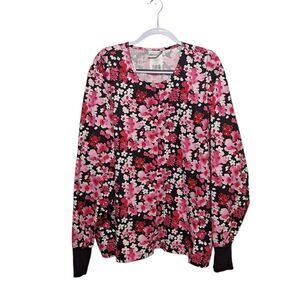 UA Scrub Womens Long Sleeve Scrub Jacket 3X Snap Front Pink Floral Pockets Nurse